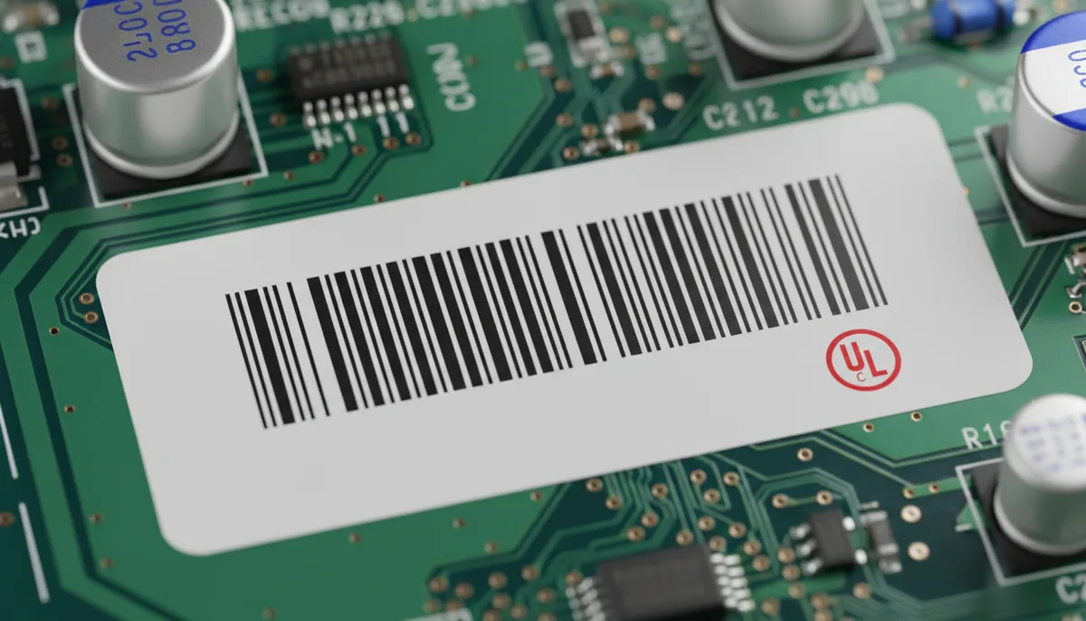 industrial label printing: close-up of durable synthetic industrial label with barcode and UL mark on electronic component