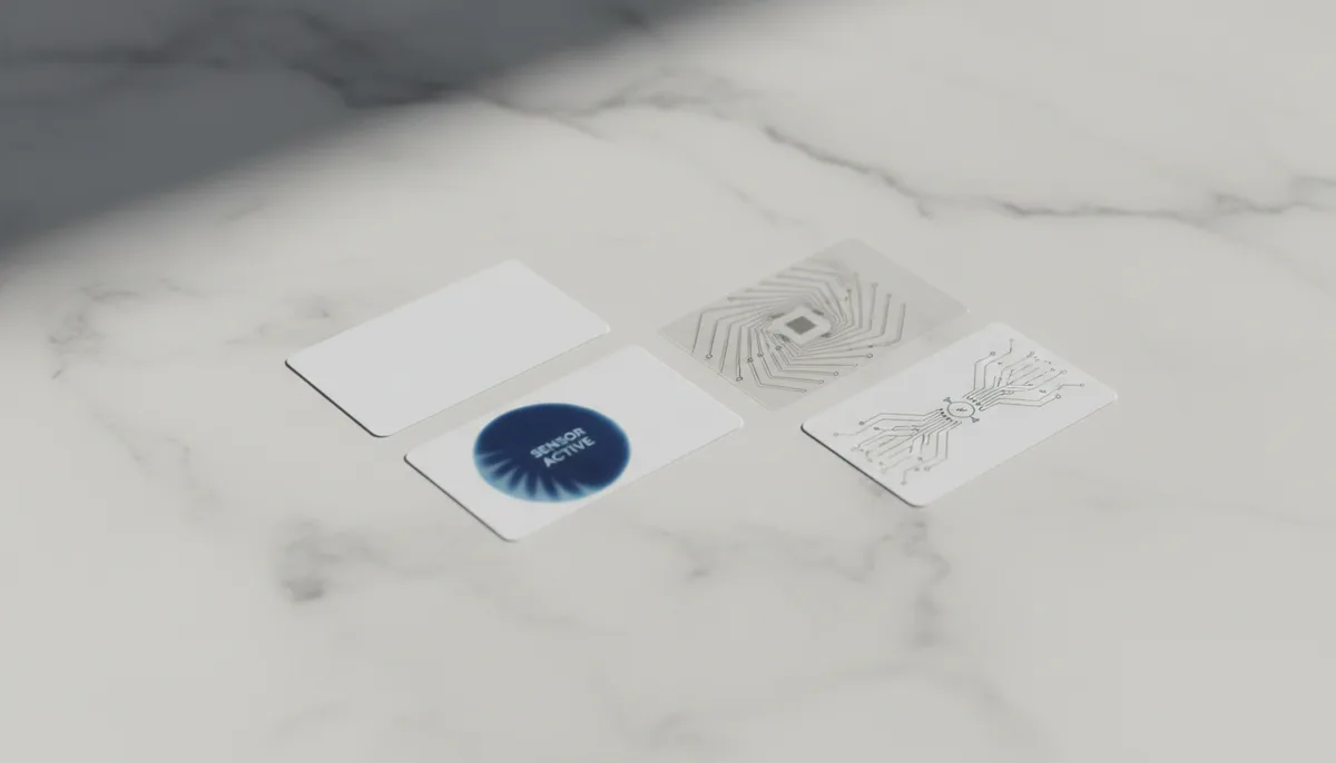 Conceptual flat-lay of future smart label technologies including NFC, thermochromic ink, and conductive traces