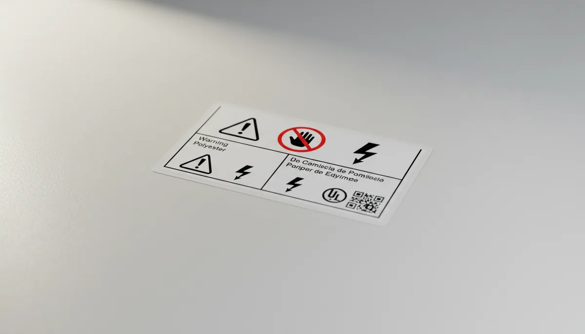 printing labels online - example of a multi-language safety and compliance label for electronics