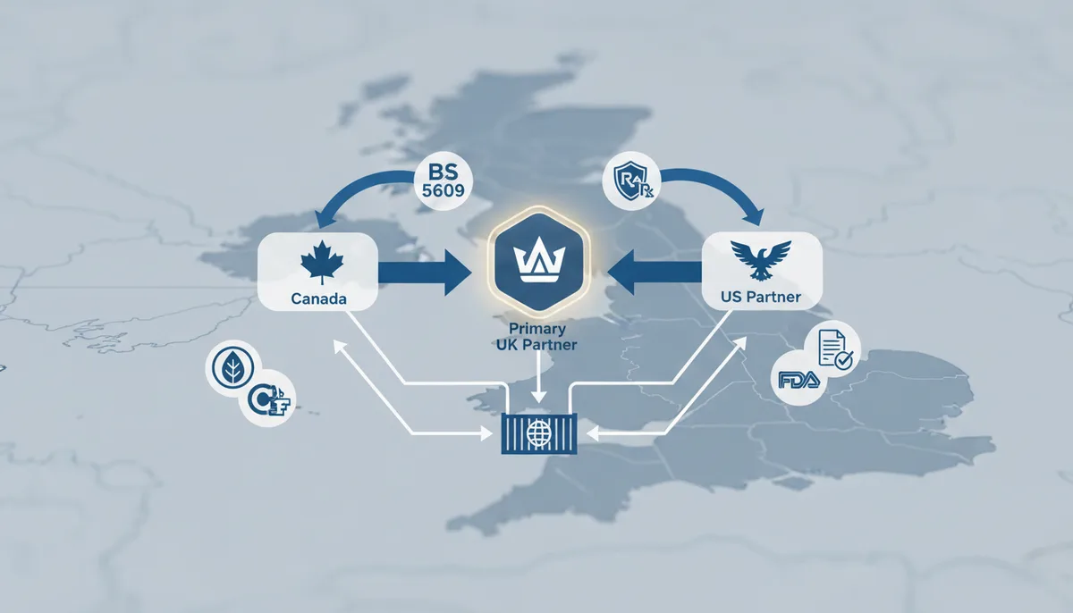 Strategic map for multi-region custom label printing sourcing network UK USA Canada