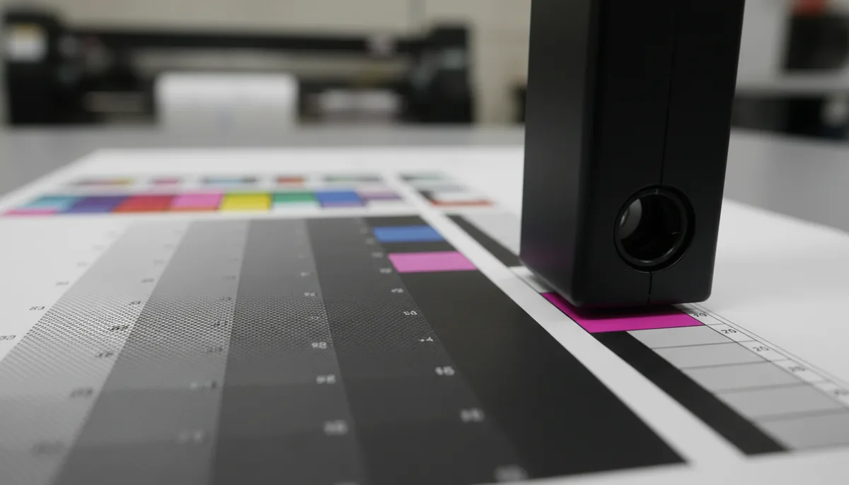 offset vs digital printing cost per unit 2026 - close-up of G7 color calibration target and digital control strip for...