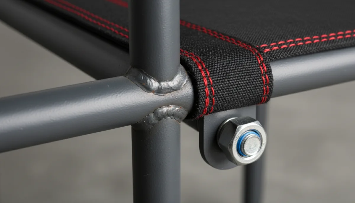 Close-up detail of reinforced compact chair construction: weld, stitching, and fastener