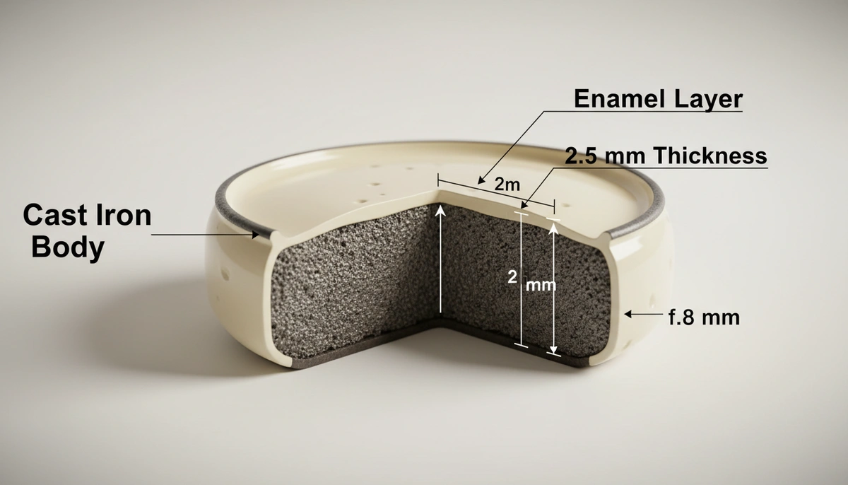 cast iron cookware enamel — cross-section diagram showing 2.5 mm enamel layer fused to cast iron body