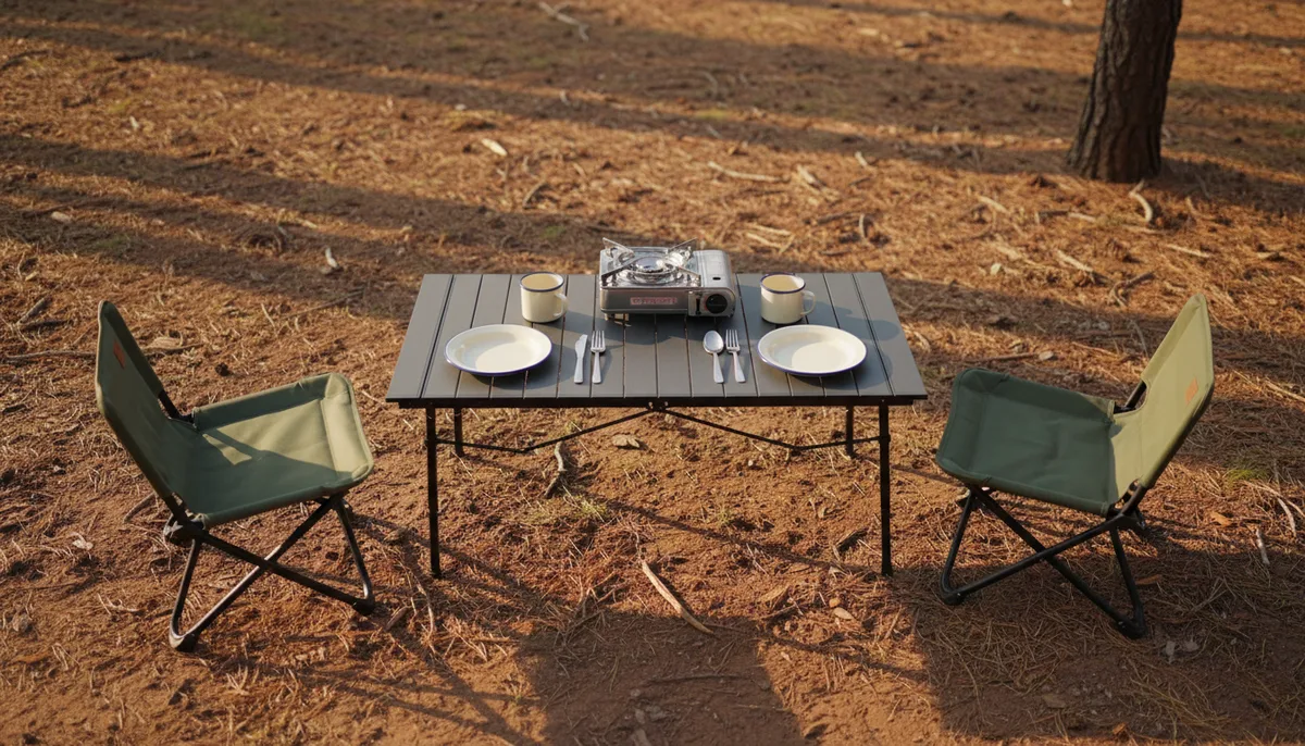 Commercial low camping table setup for group dining showing optimal 20-inch height