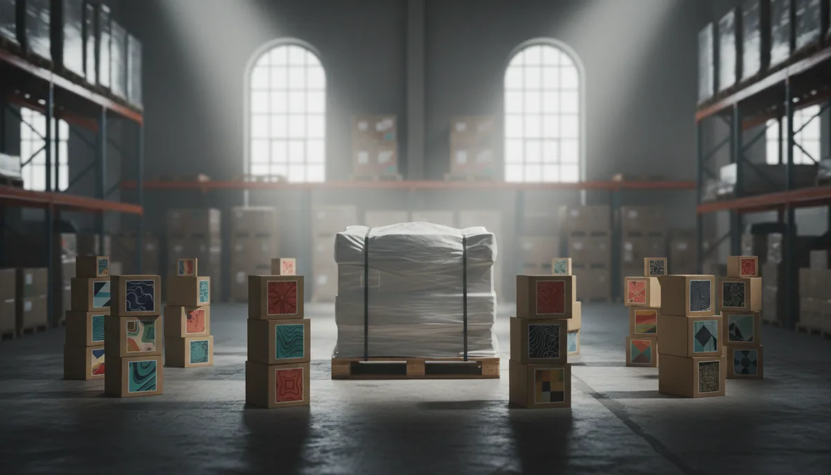 Conceptual warehouse scene showing core SKU pallet and stacks of regional variant packaging