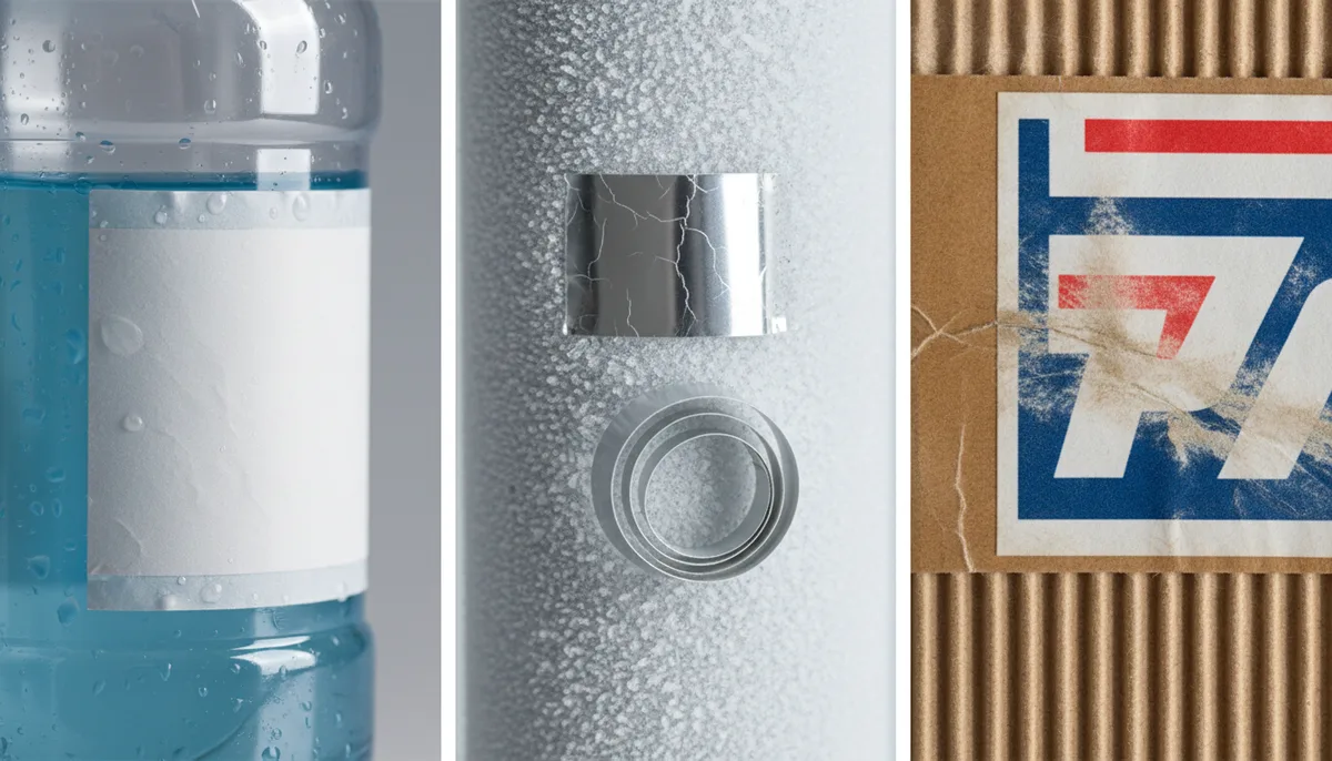 Close-up comparison of label adhesive and ink failure modes in different environments