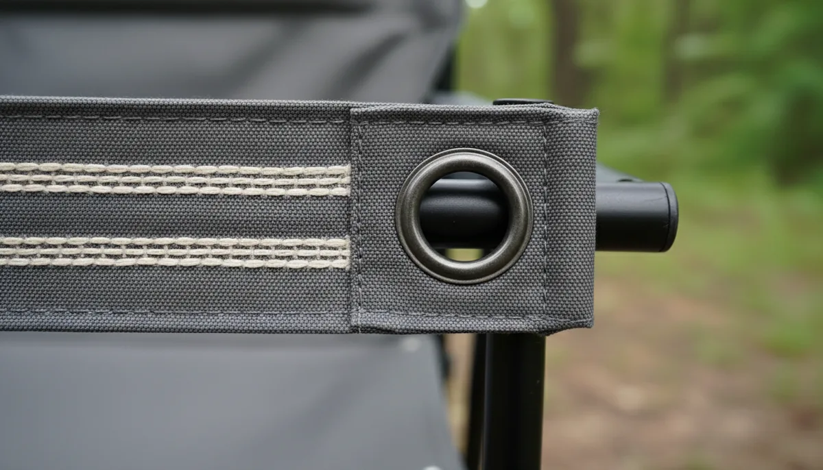 Detail of reinforced double-stitched seam on commercial camping chair