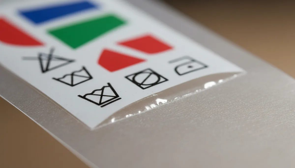 printed neck labels - close-up of a kiss-cut, roll-printed neck label on polyester film