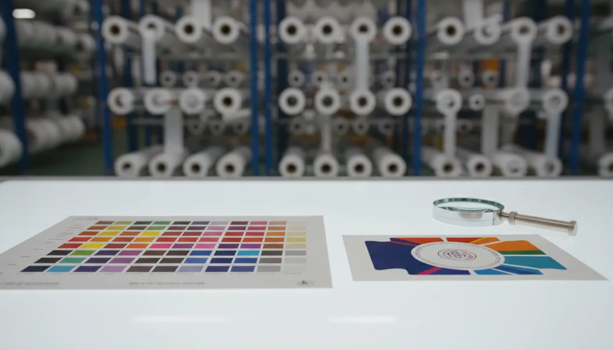 Close-up of a press check for custom label prints ensuring color accuracy