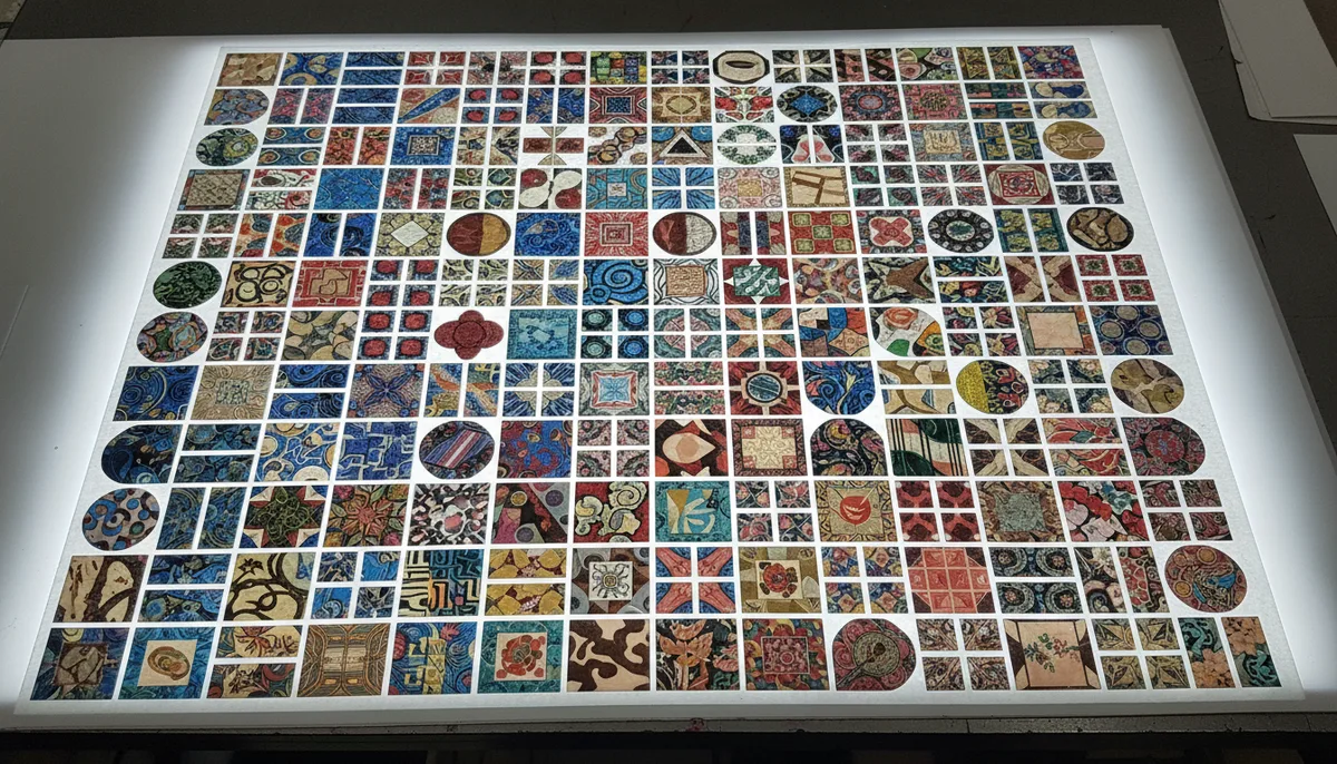 custom printed labels - overhead view of gang-run printed labels on a large sheet showing efficient material use