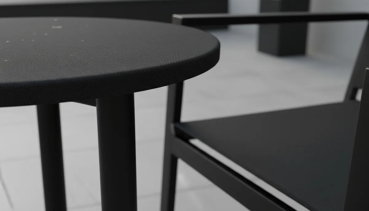 Close-up of black round cocktail table with 600D Oxford fabric and steel frame