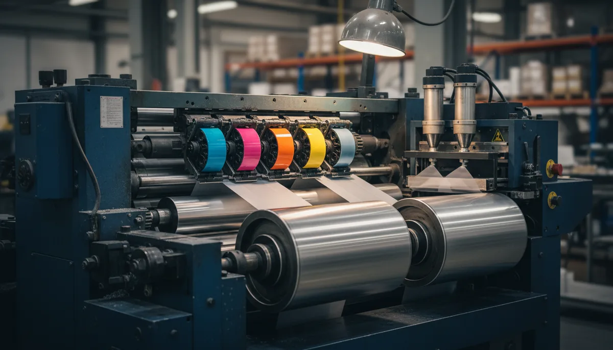 Heidelberg 6-color offset press applying custom wine bottle labels