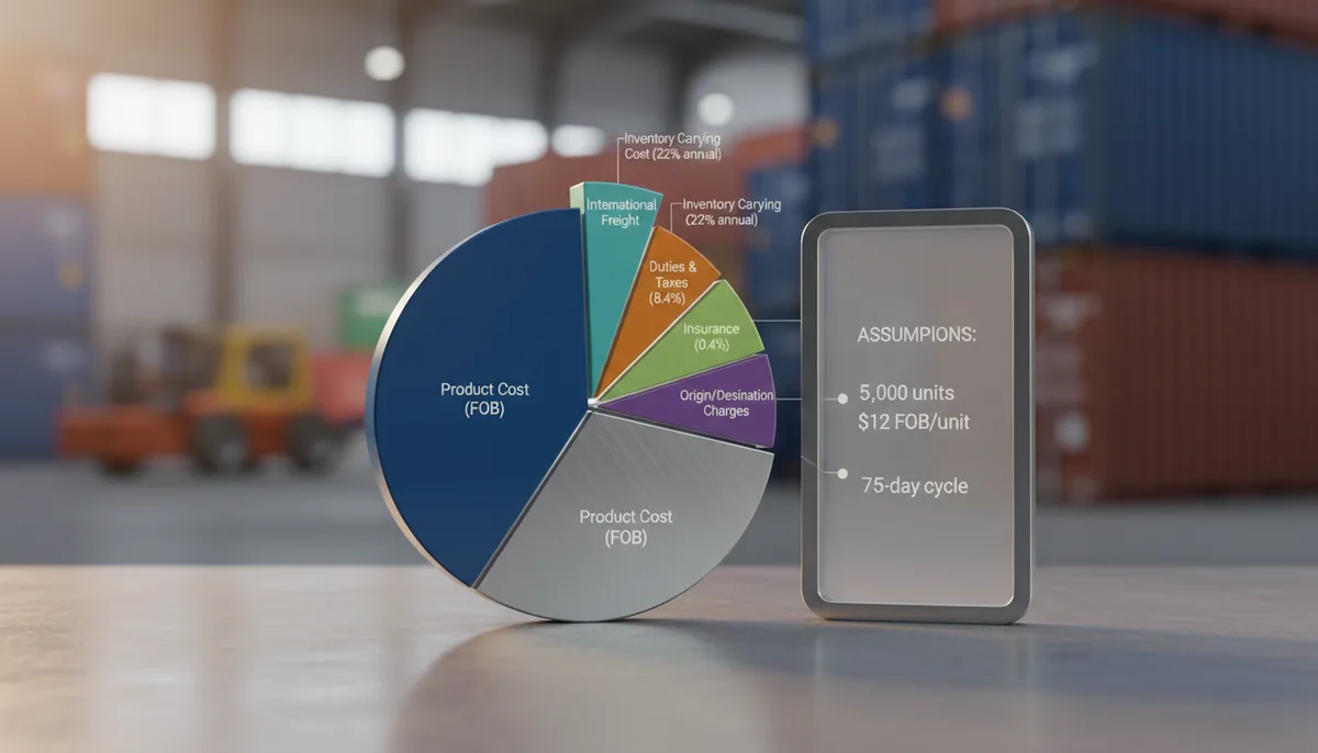 Total landed cost breakdown pie chart for a container shipment
