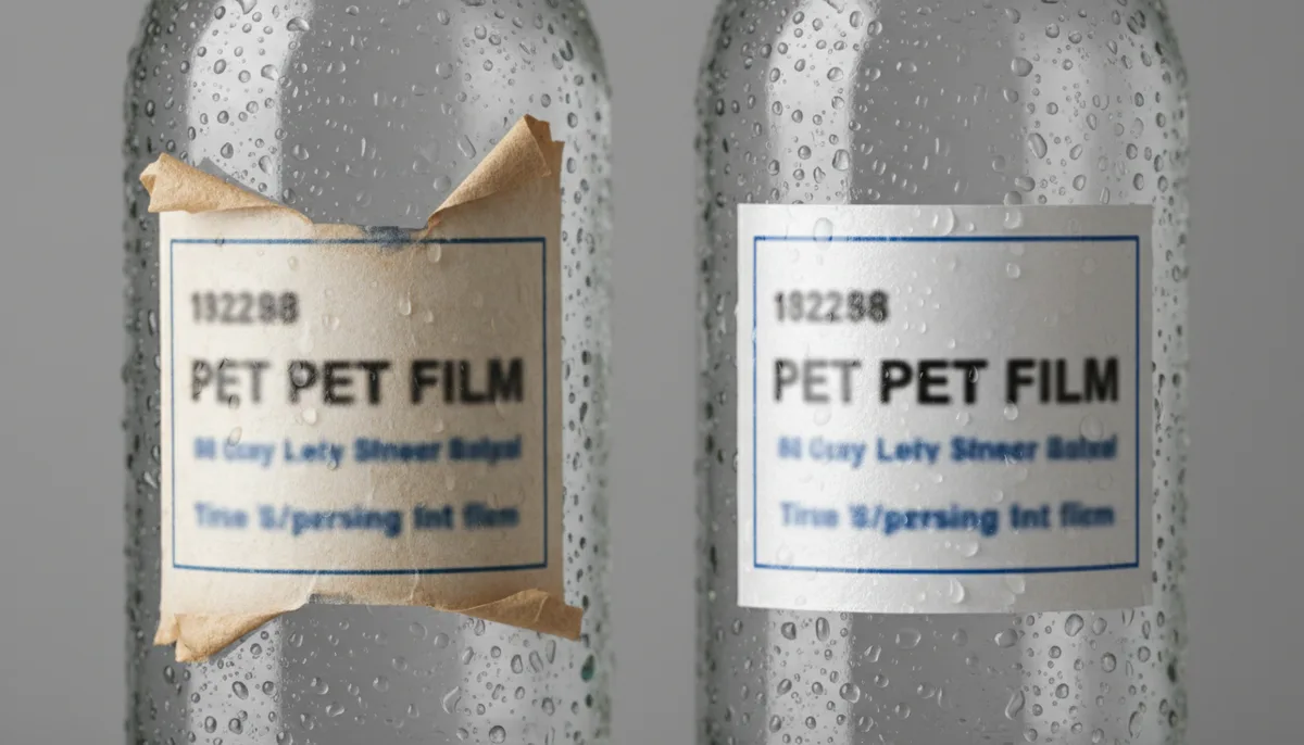 Comparison of paper vs PET film spirit bottle label failure after condensation testing