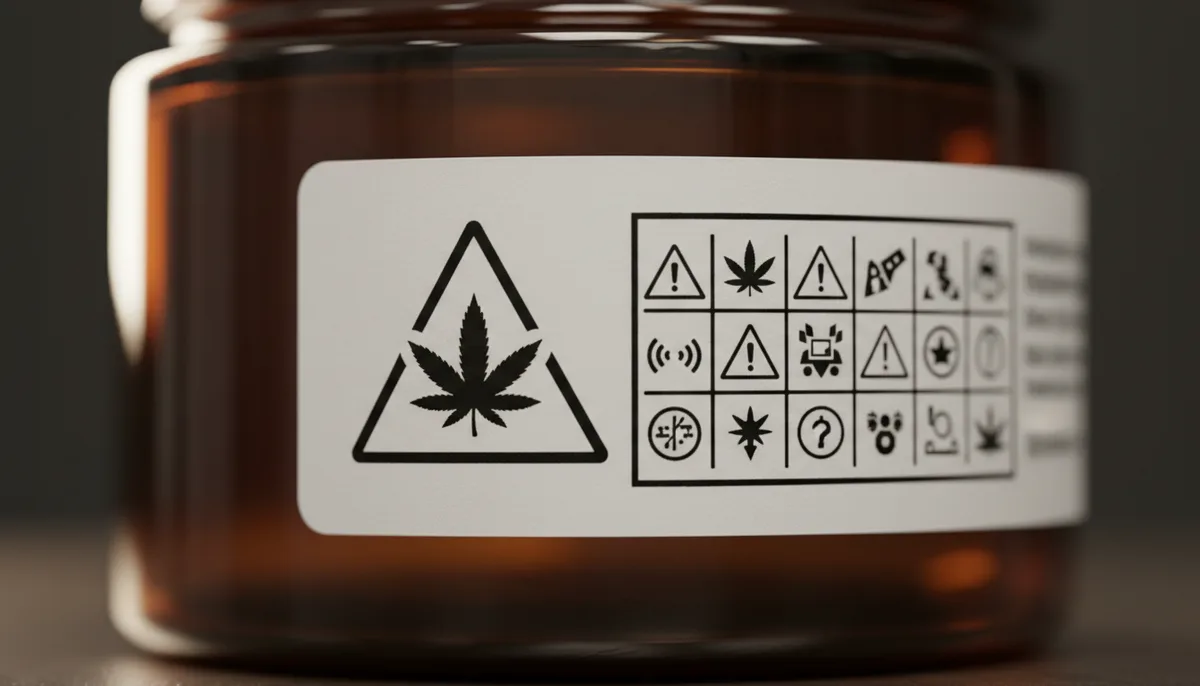 cannabis packaging label compliance requirements 2024: close-up of state-mandated universal cannabis symbol on matte...