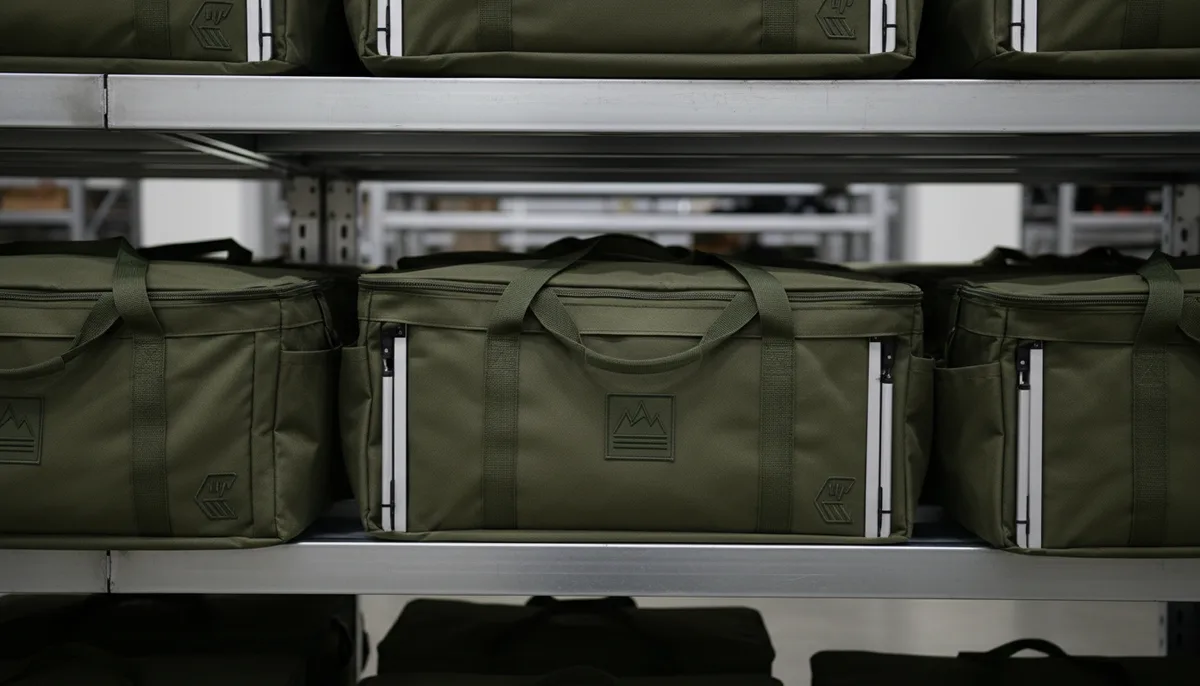 Low camping table in a durable carry bag for commercial storage and transport