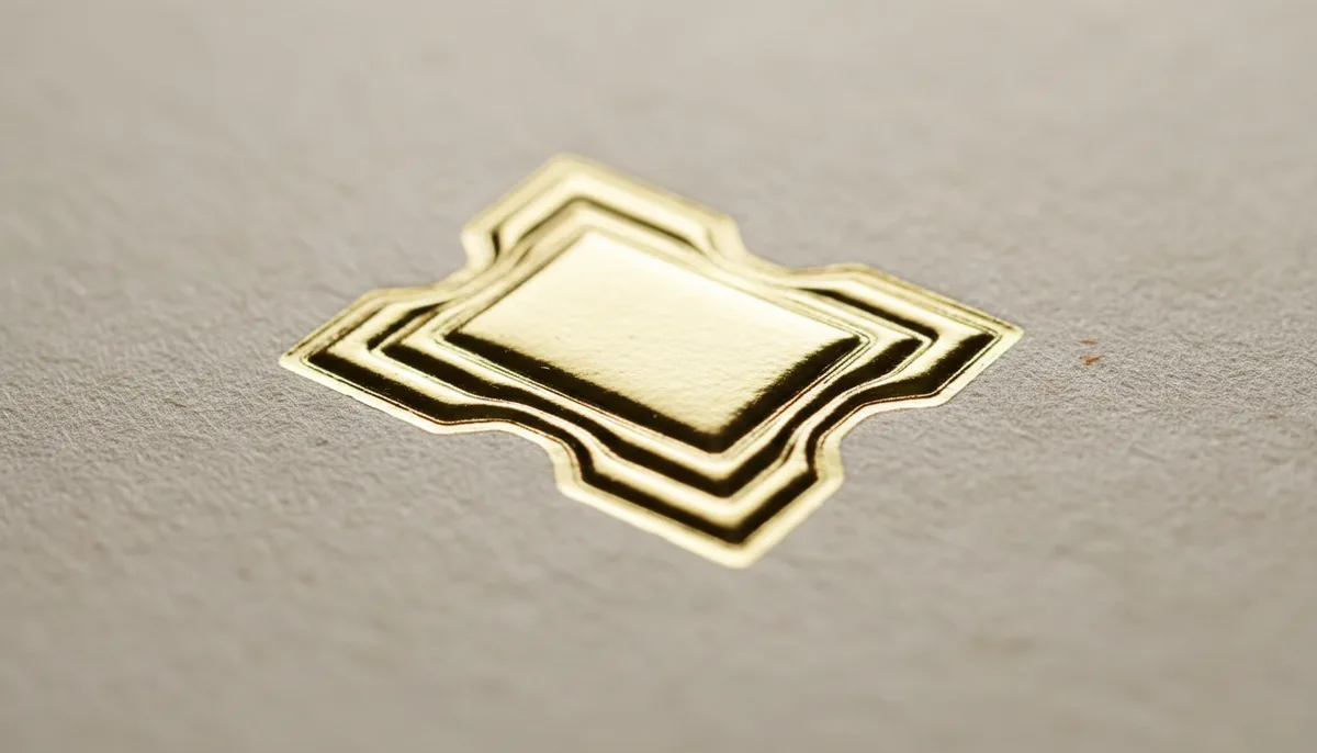 foil-stamped product labels printing services: close-up of multi-level foil stamping and embossing on a cosmetic label