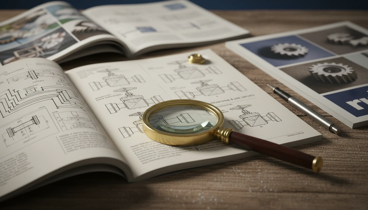 GlobalSpec detailed campaign analytics — flat lay of engineering trade journals with magnifying glass over industrial...