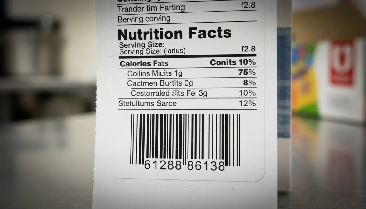 print food labels - close-up of FDA-compliant food label with nutrition panel and scannable barcode