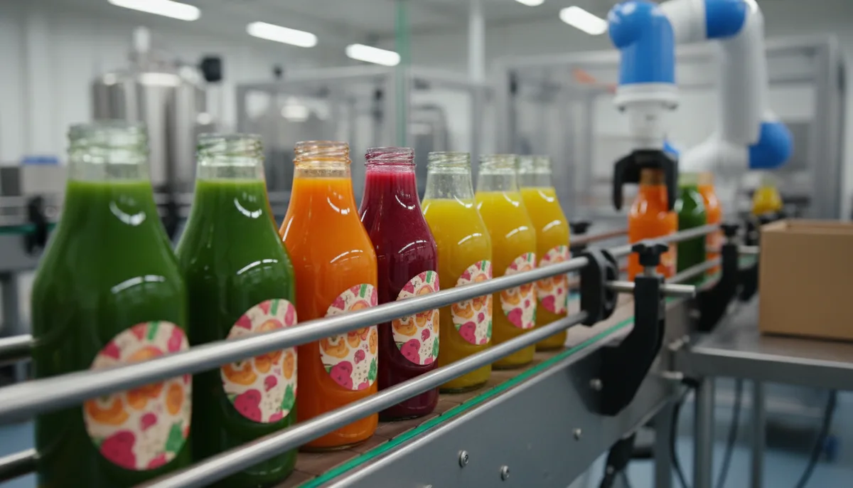 Applied custom printed roll labels on juice bottles on a production line