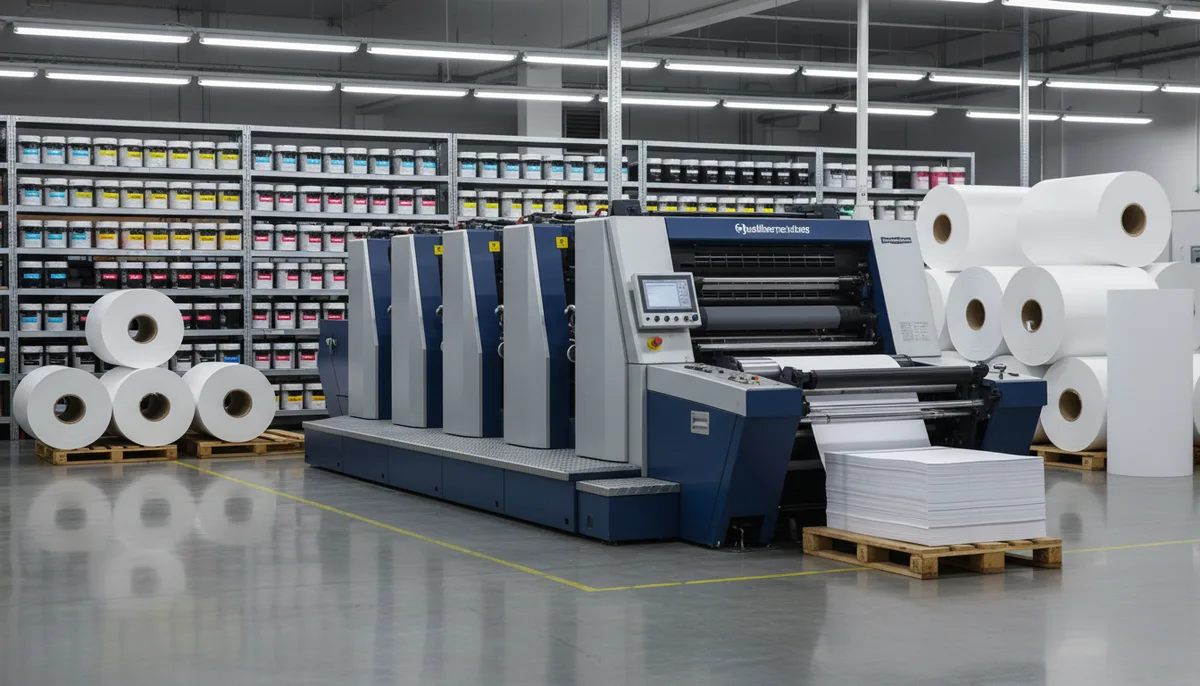 Heidelberg 6-color offset press in a professional white label printing facility
