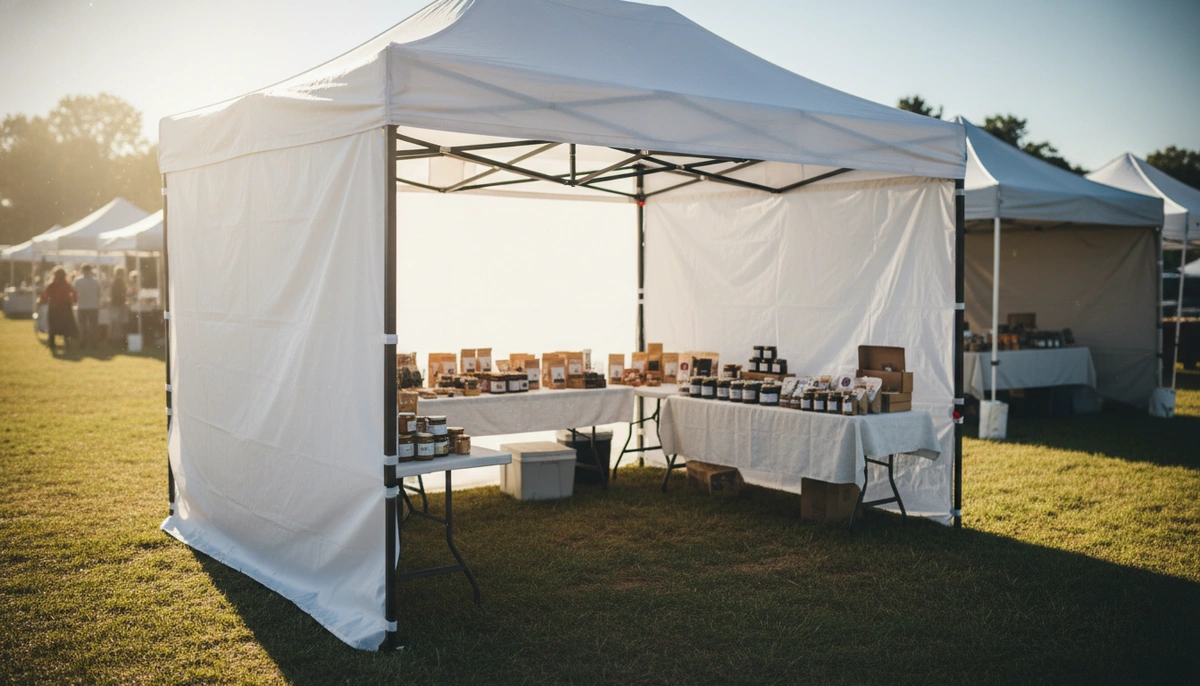 pop up canopies 10x10 — commercial-grade canopy with powder-coated steel frame and 300D fabric at vendor event
