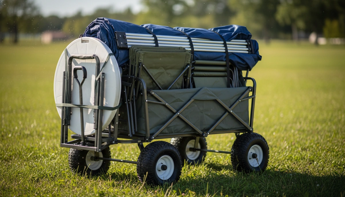 portable canopies at walmart — utility wagon loaded with canopy and table for tailgate setup