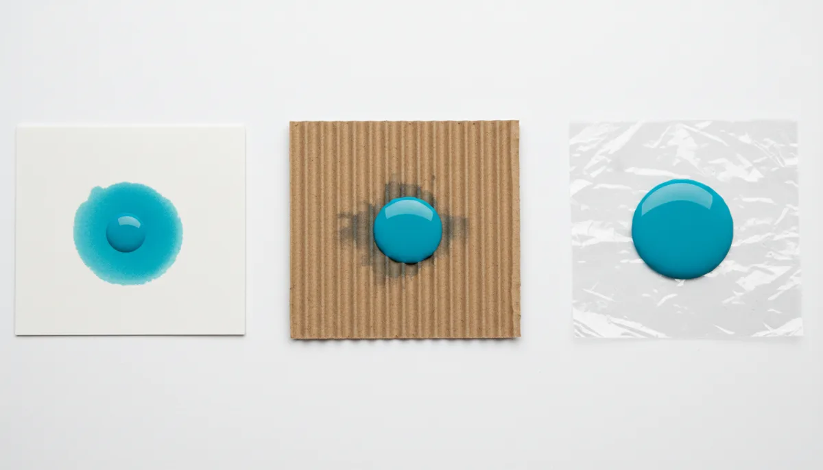 Material flat-lay demonstrating how different substrates affect flexographic ink color and absorption