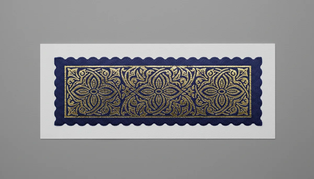 custom label printing providence: close-up of custom satin printed label on sheet-fed stock showing precise die-cutting