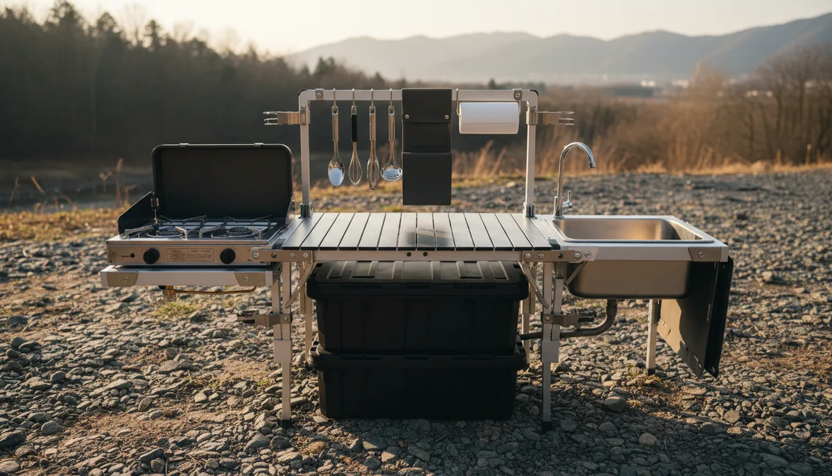 Integrated modular outdoor kitchen with camping cooking table at center