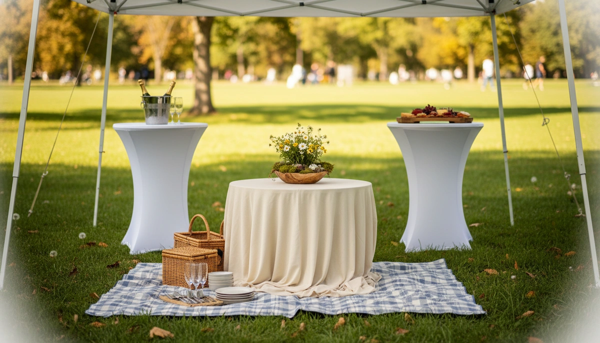 outdoor tent for picnic — picnic setup with canopy tent, round table, and high top cocktail tables