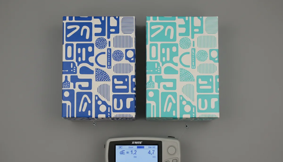 Close-up comparison showing color variation in flexographic printing with spectrodensitometer Delta E measurement