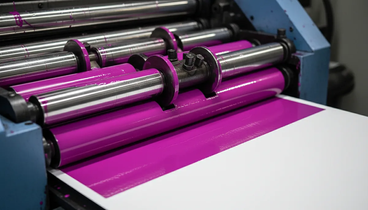 Close-up detail of Heidelberg press applying Pantone spot color to cardboard