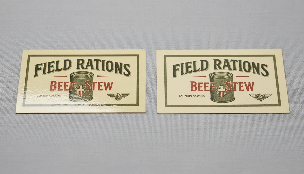 Comparison of gloss laminate vs matte coating on vintage WW2 food labels