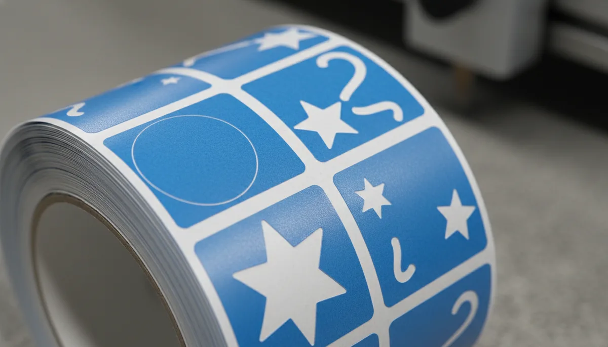 Close-up of precision kiss-cutting on a roll of custom shaped labels