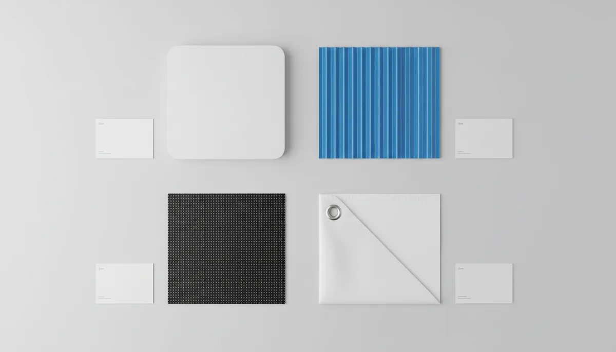 Comparison flat-lay of large format display materials: PVC foam board, corrugated plastic, fabric mesh, and vinyl banner