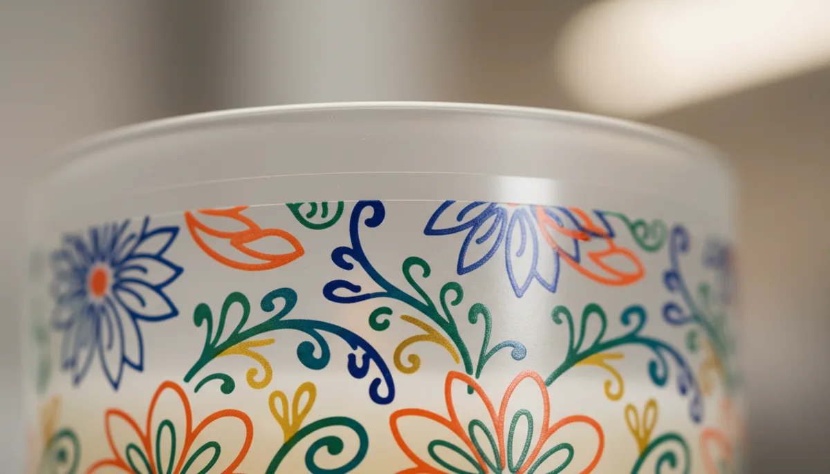 digital printing for labels: close-up of digital print on clear PP film for a durable candle label.