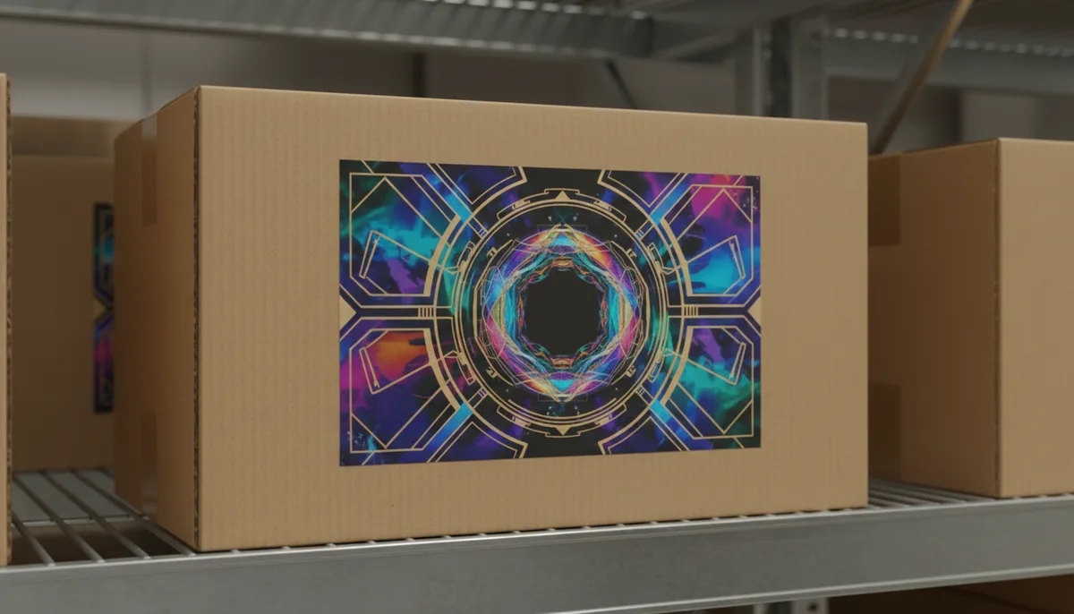 Branded shipping box using a large printed plastic label instead of direct printing