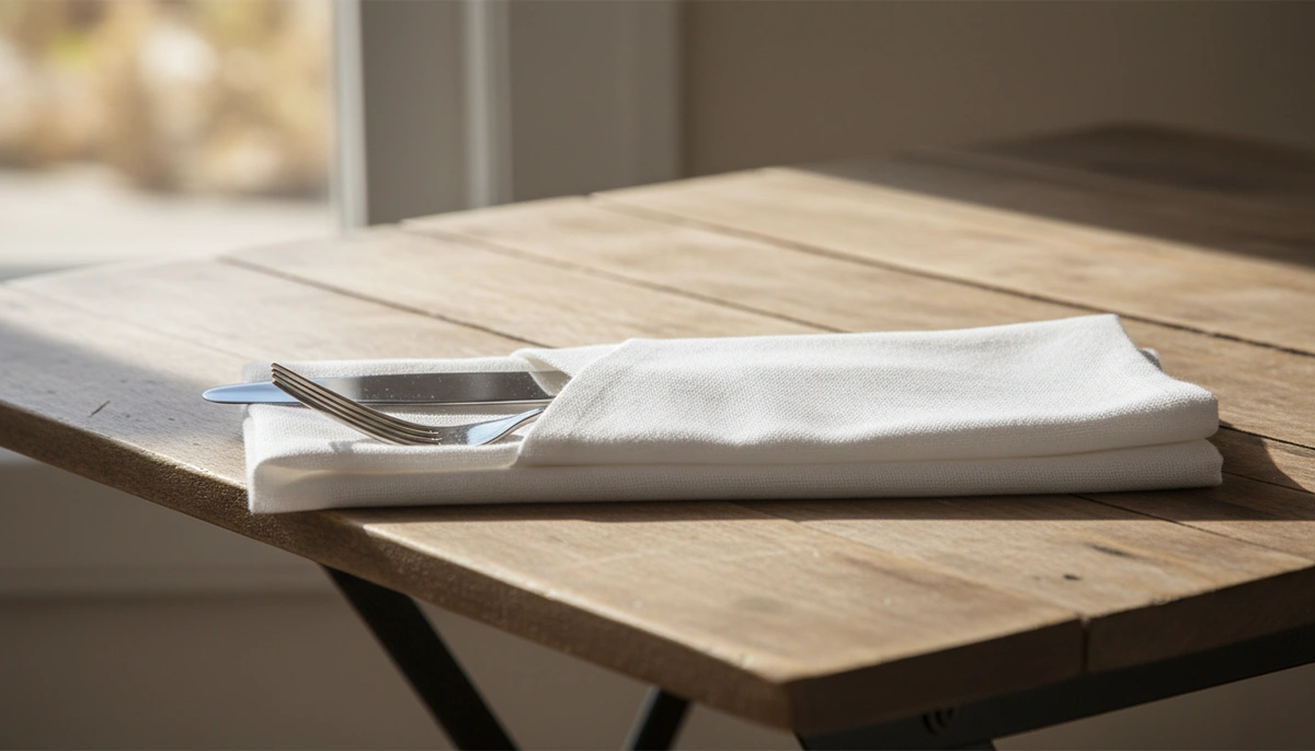 napkin folding for dining table — pocket fold with flatware on a wooden folding table