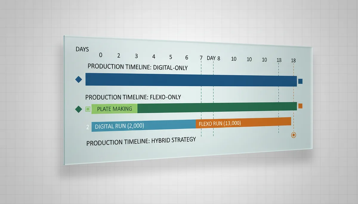 fast label printing: gantt chart comparing digital, flexo, and hybrid label printing timelines for a 15,000 unit order